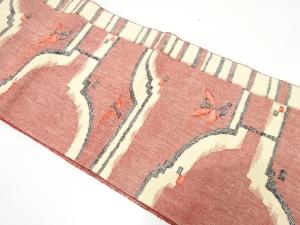 手織り真綿紬　変わり横段に枝花模様織り出し　名古屋帯